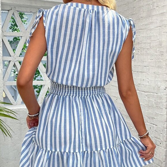 Blue & White Casual Women's Summer Striped Cotton Dress With Shoulder Pleats - Picture 2 of 7